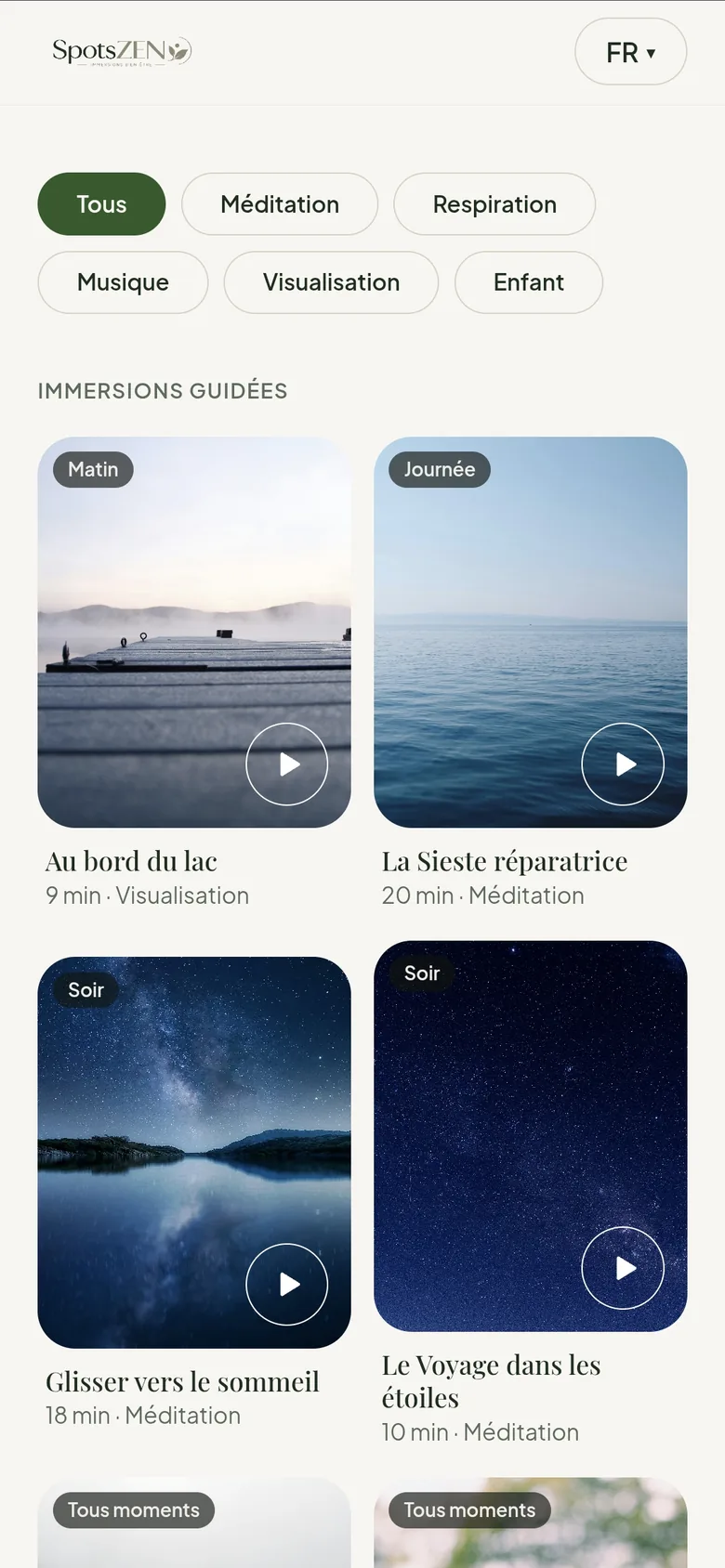 La bibliothèque réelle Spots Zen avec les audios disponibles